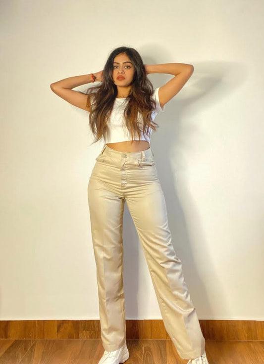 Aafrose high waist solid light Beige straight leg pants