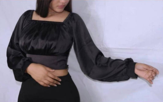 AAFROSE Black Ruched bust lantern sleeve crop satin top