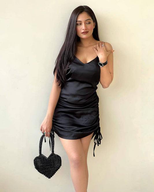 Aafrose black drawstring satin bodycon dress