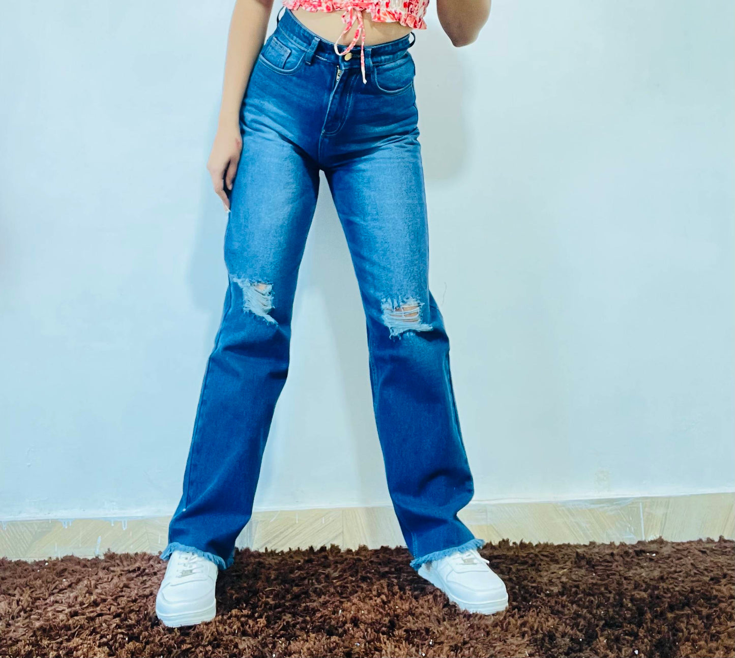 AAFROSE DARK BLUE STRAIGHT LEG DISTRESS JEANS