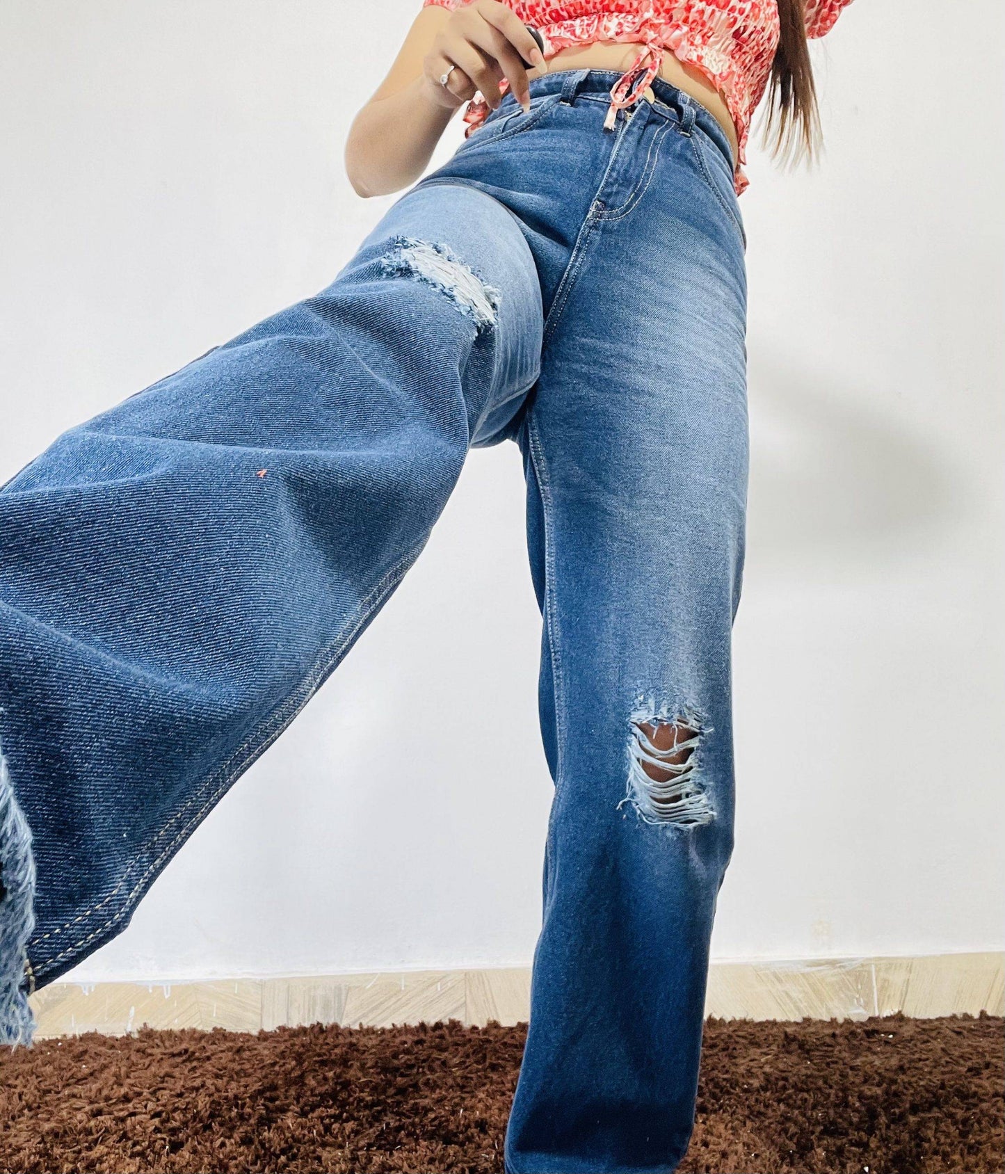 AAFROSE DARK BLUE STRAIGHT LEG DISTRESS JEANS