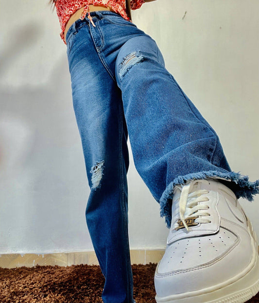 AAFROSE DARK BLUE STRAIGHT LEG DISTRESS JEANS