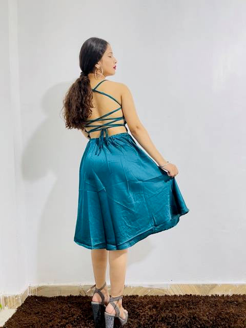 AAFROSE Emerald backless satin dress