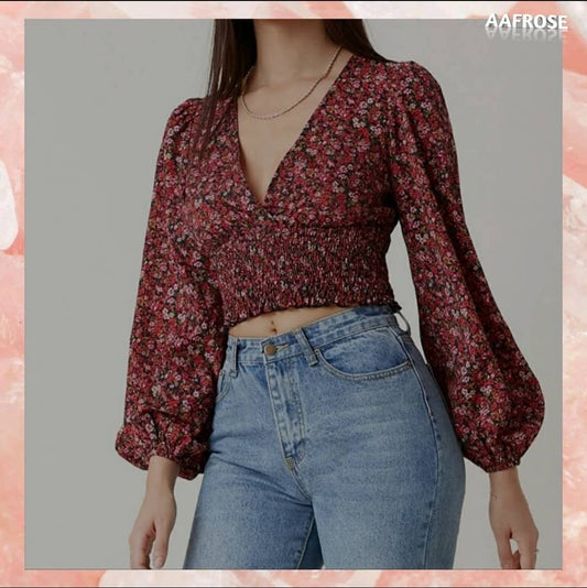 AAFROSE Bishop Sleeves Shirred Detail Ditsy Floral Top