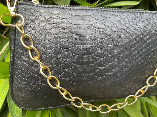AAFROSE Chain decor croc embossed black baguette bag.