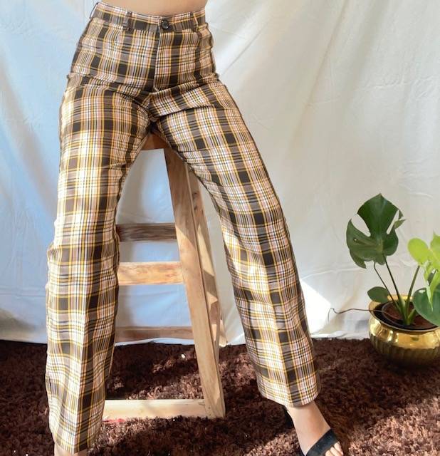 Aafrose plaid print high waist brown check pants