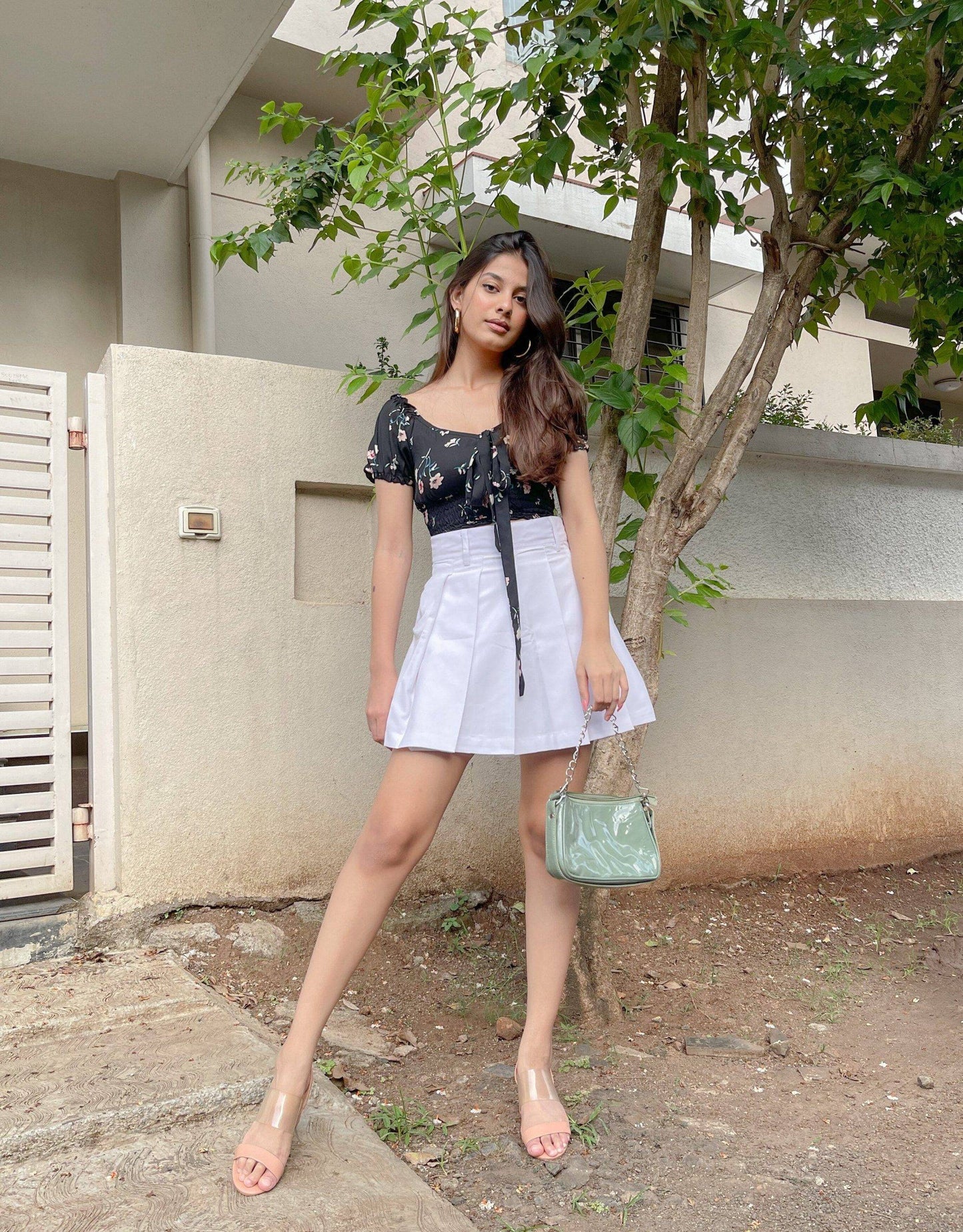 Aafrose shirred detail Black floral crop top