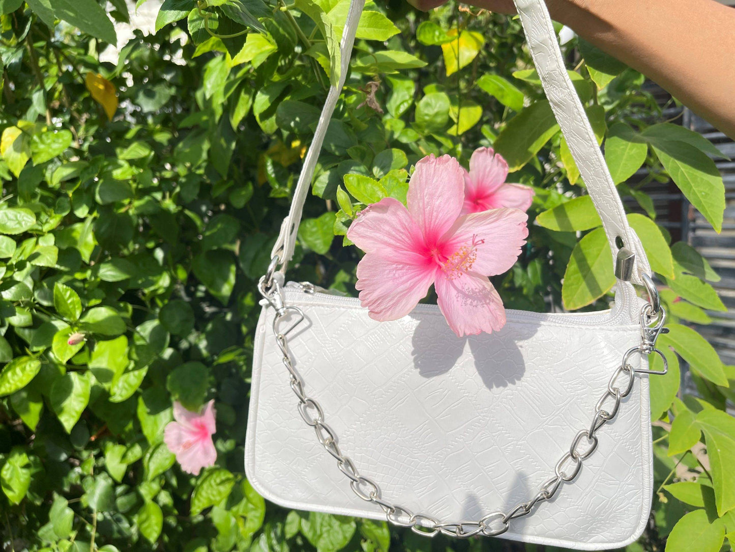 AAFROSE Chain Decor Croc Embossed White Baguette Bag