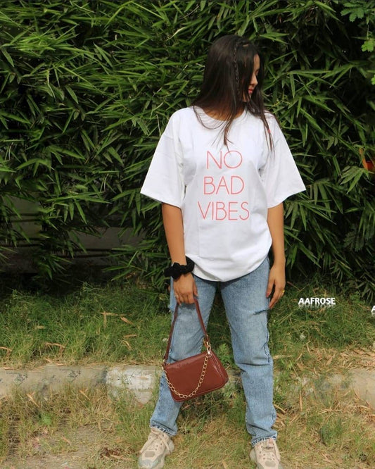 Drop Shoulder Slogan Graphic Longline Oversized Tee (No Bad Vibes) - White