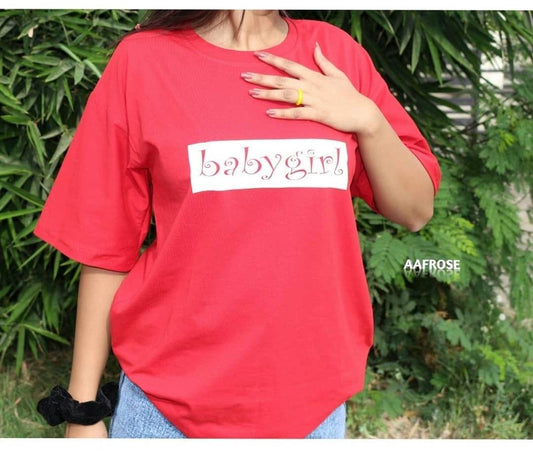 Drop Shoulder Slogan Graphic Longline Oversized Tee (Babygirl) - Red
