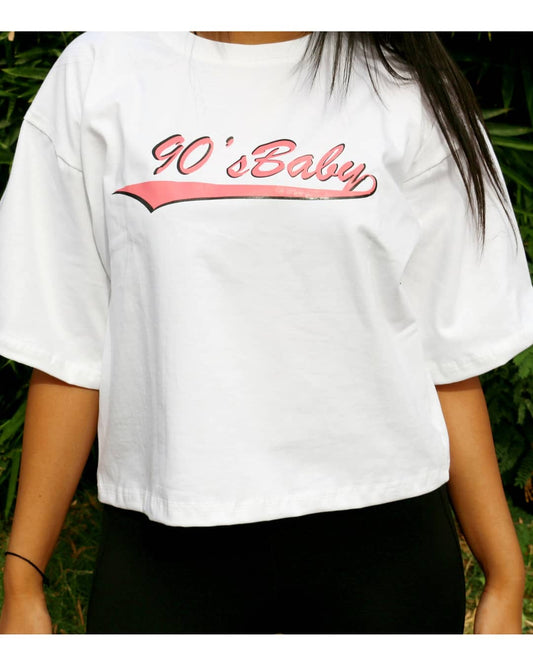 Drop Shoulder Slogan Graphic Crop Oversized Tee (90’s Baby) - White