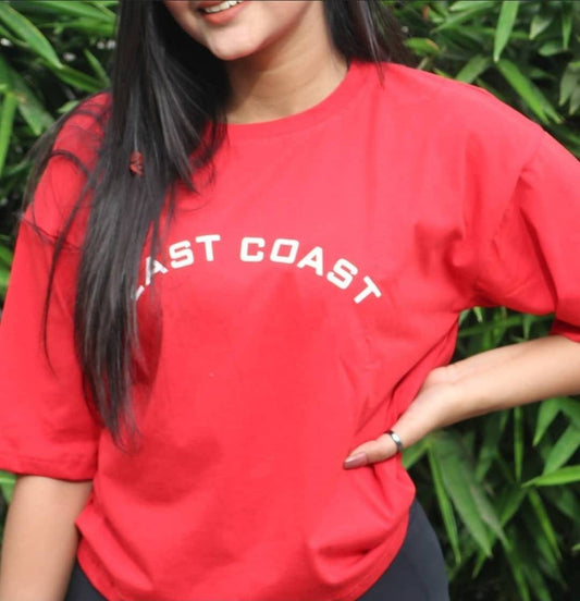 Drop Shoulder Slogan Graphic Crop Oversized Tee(East Coast) - Red