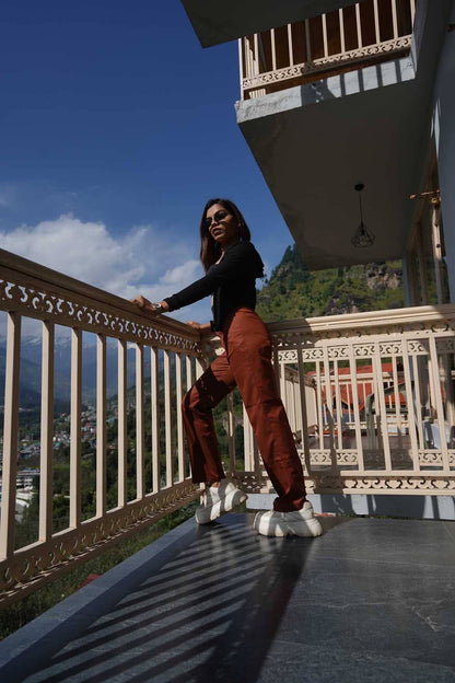 Aafrose high waist solid brown straight leg pants