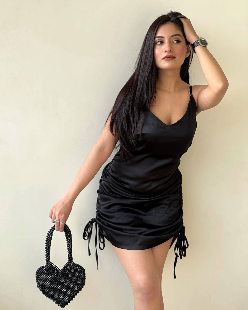 Aafrose black drawstring satin bodycon dress