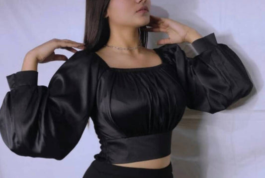 AAFROSE Black Ruched bust lantern sleeve crop satin top