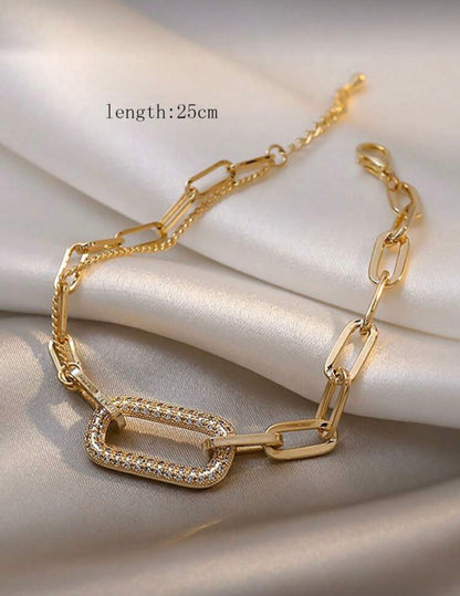 1pc Simple But Elegant Geometric Shape Rhinestone Inlaid Chain Bracelet, Unique And Fashionable Design