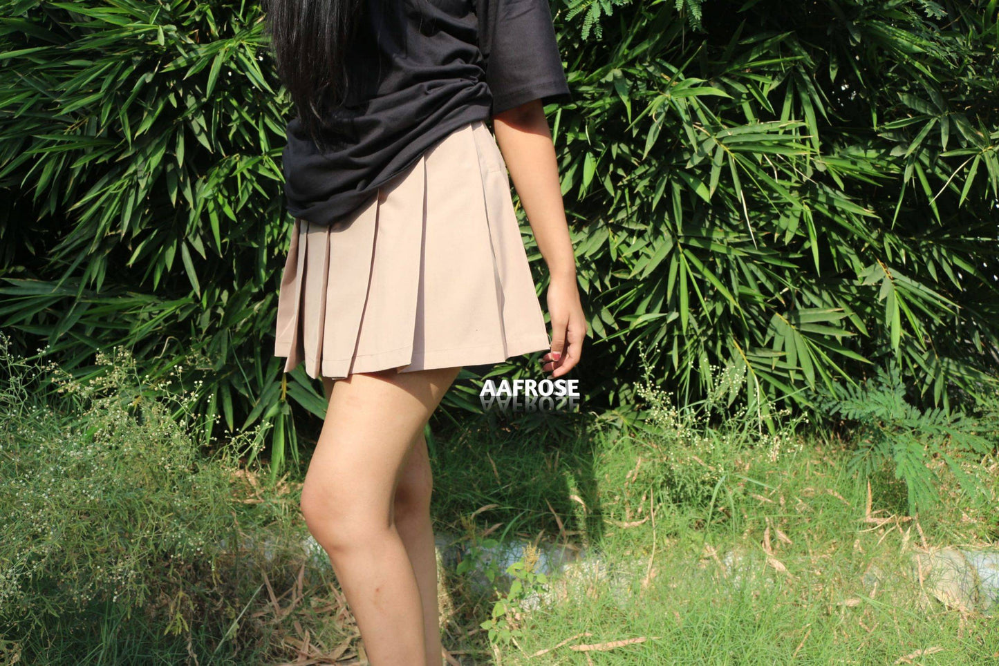 Aafrose A-Line Plaid Pleated Zipper Beige Mini Skirt