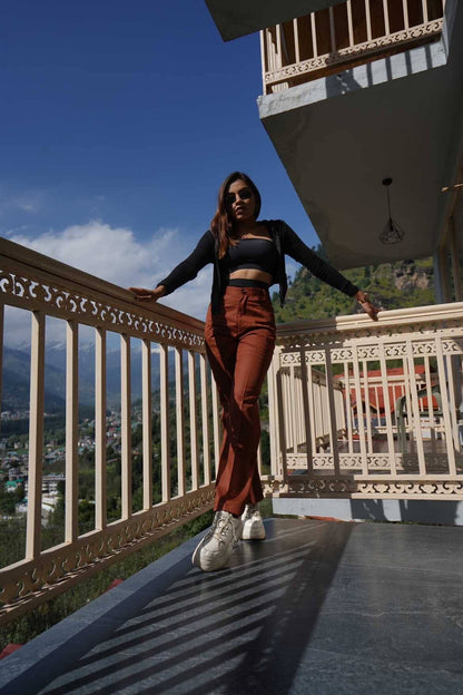 Aafrose high waist solid brown straight leg pants