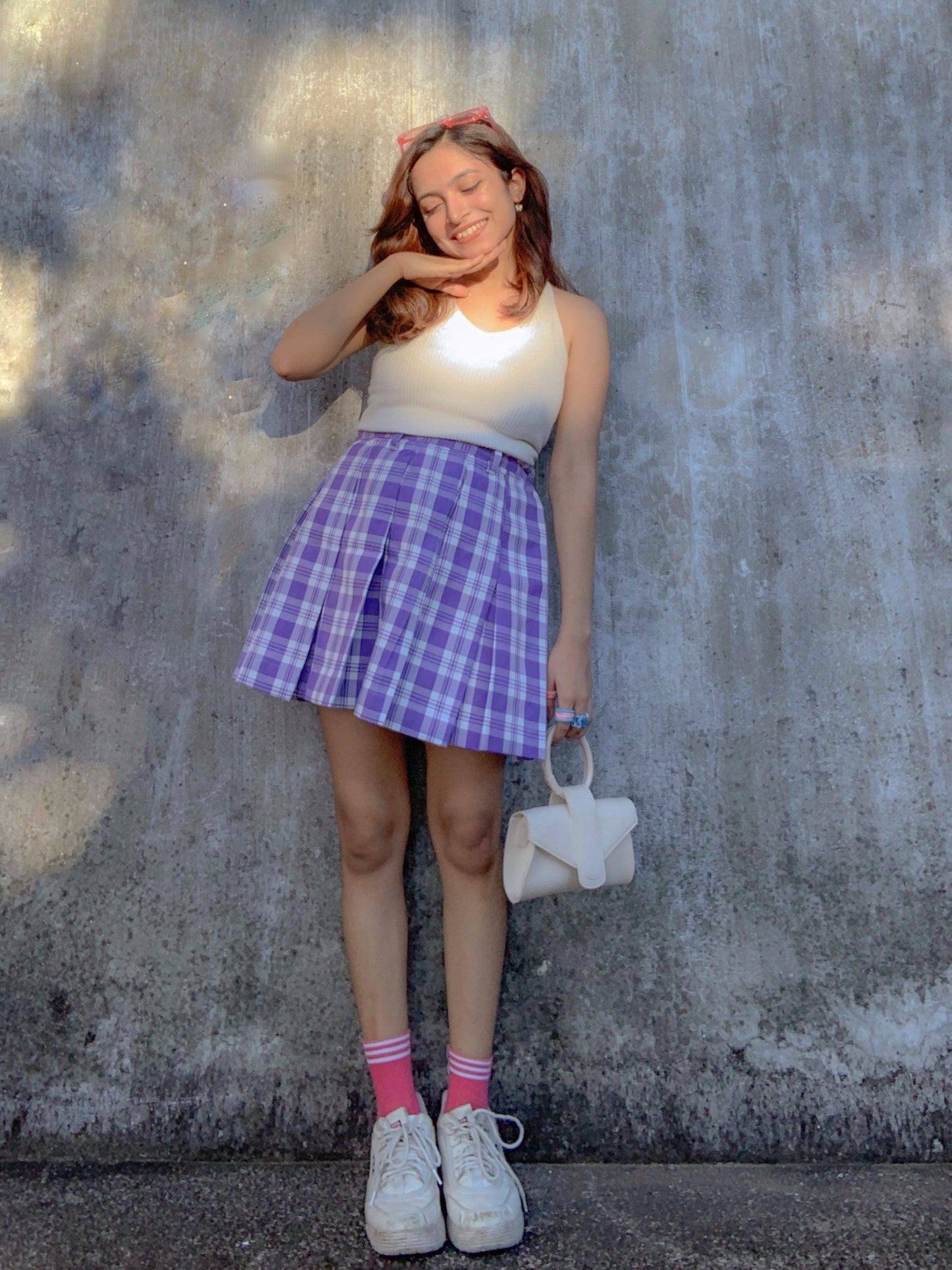 AAFROSE A-line plaid pleated zipper purple checks mini skirt