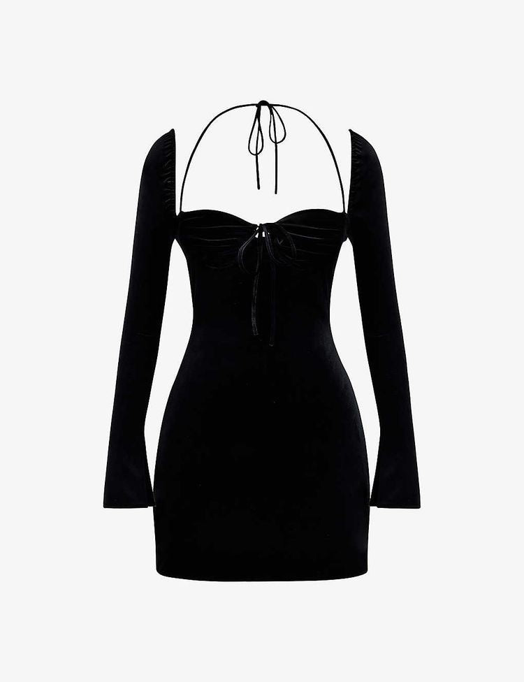 AAFROSE Velvet black babydoll halter mini dress