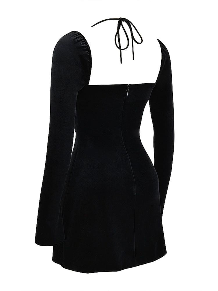 AAFROSE Velvet black babydoll halter mini dress