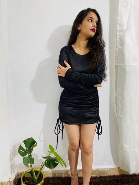 Aafrose black rucched drawstring bodycon dress