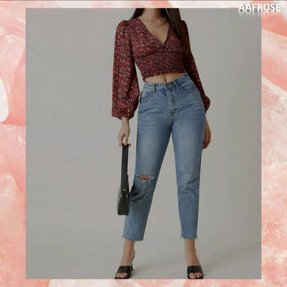 AAFROSE Bishop Sleeves Shirred Detail Ditsy Floral Top