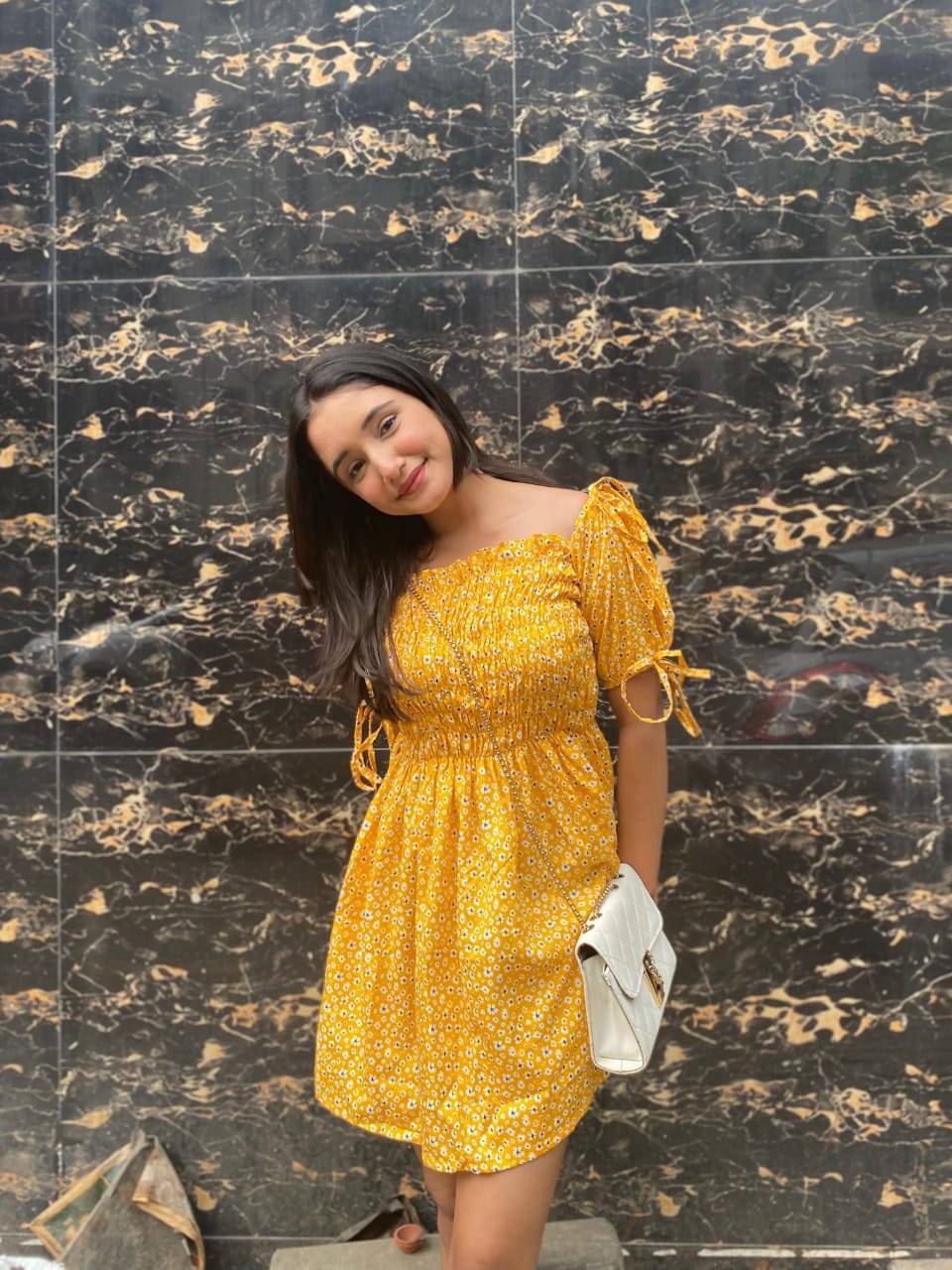 AAFROSE yellow floral puff sleeves dress