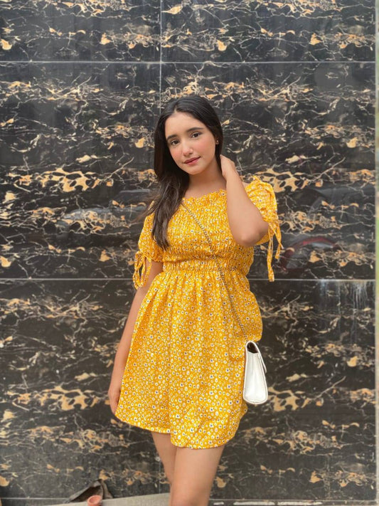 AAFROSE yellow floral puff sleeves dress