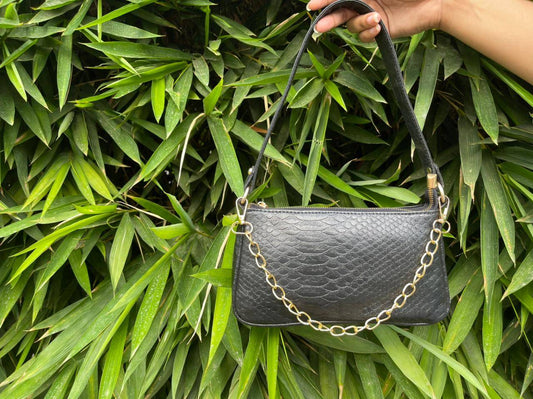 AAFROSE Chain decor croc embossed black baguette bag.