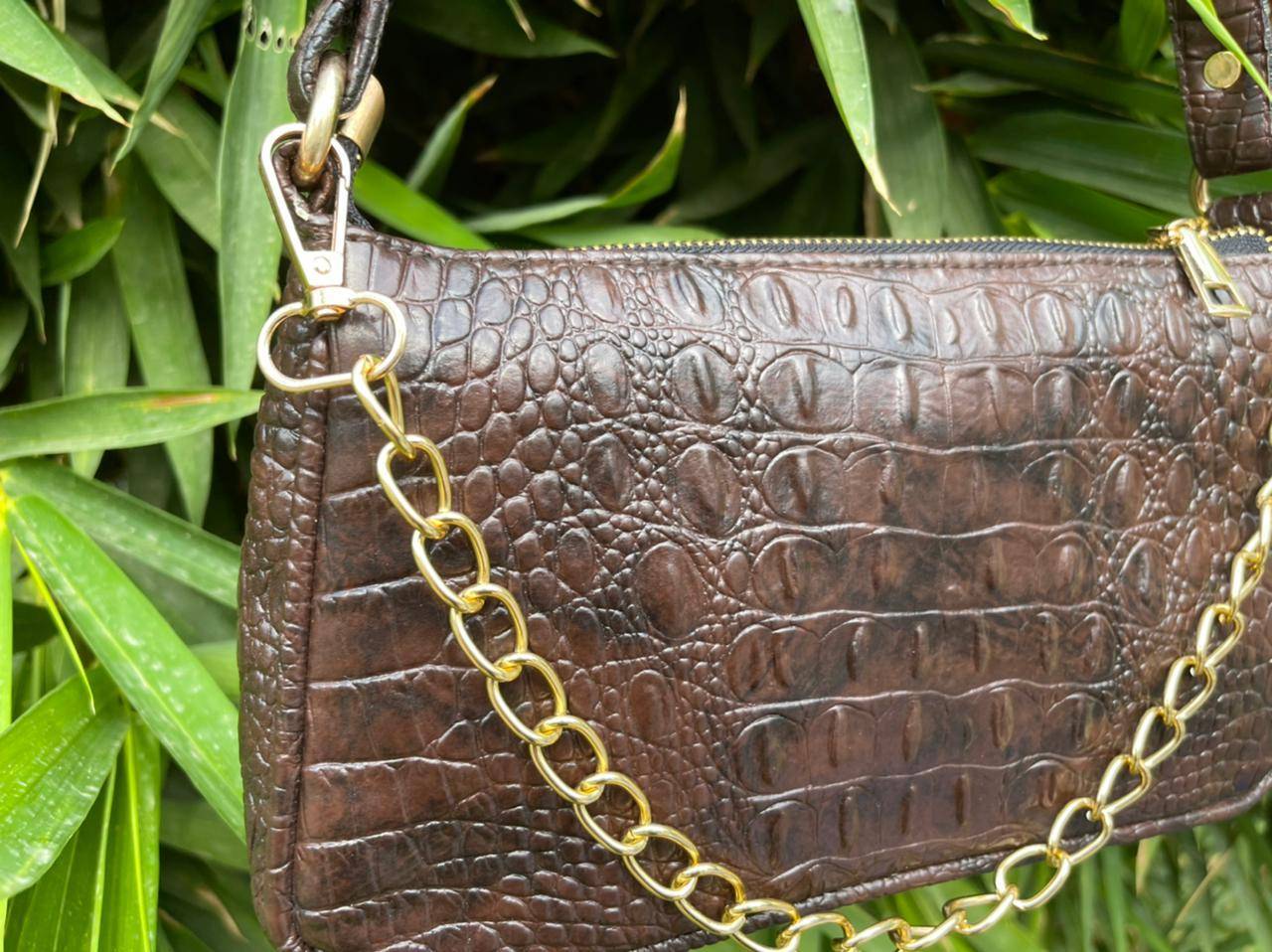AAFROSE Chain decor croc embossed brown baguette bag.