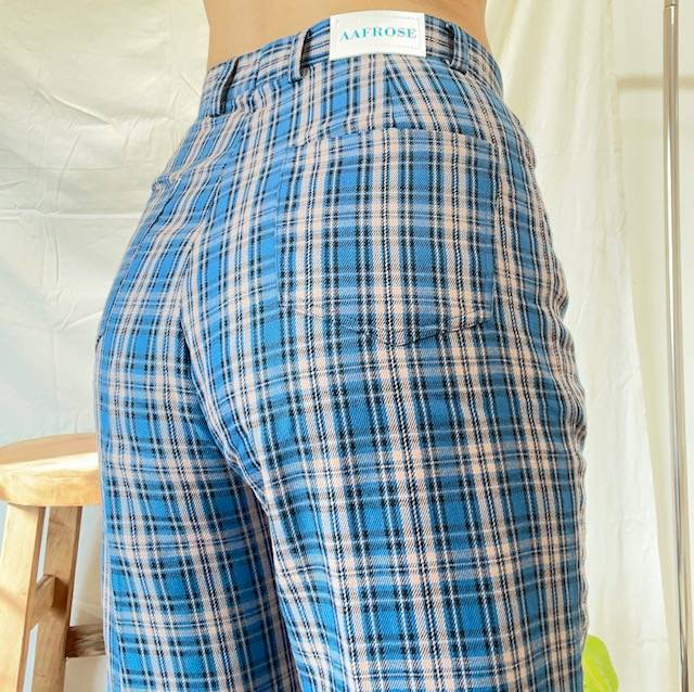 Aafrose plaid print high waist blue check pants