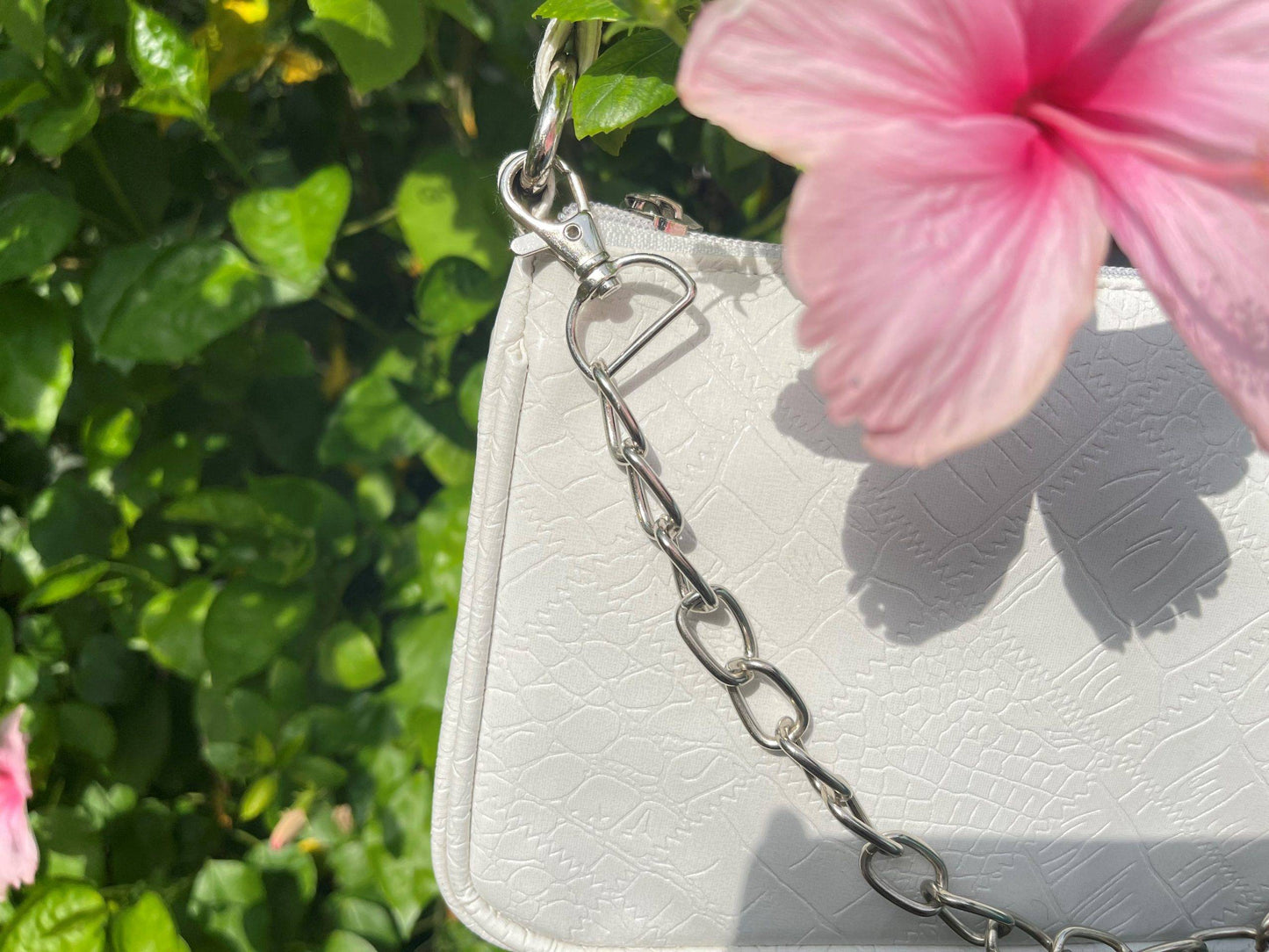 AAFROSE Chain Decor Croc Embossed White Baguette Bag